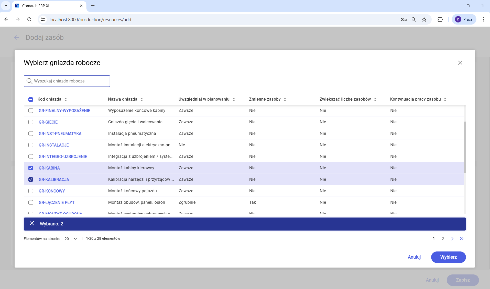 Okno wybierania gniazd roboczych