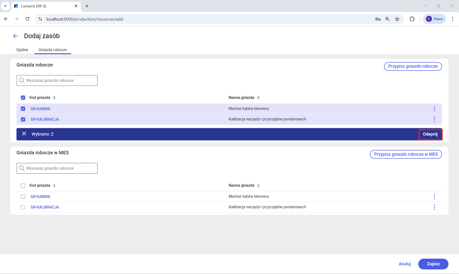 Odpinanie gniazd roboczych