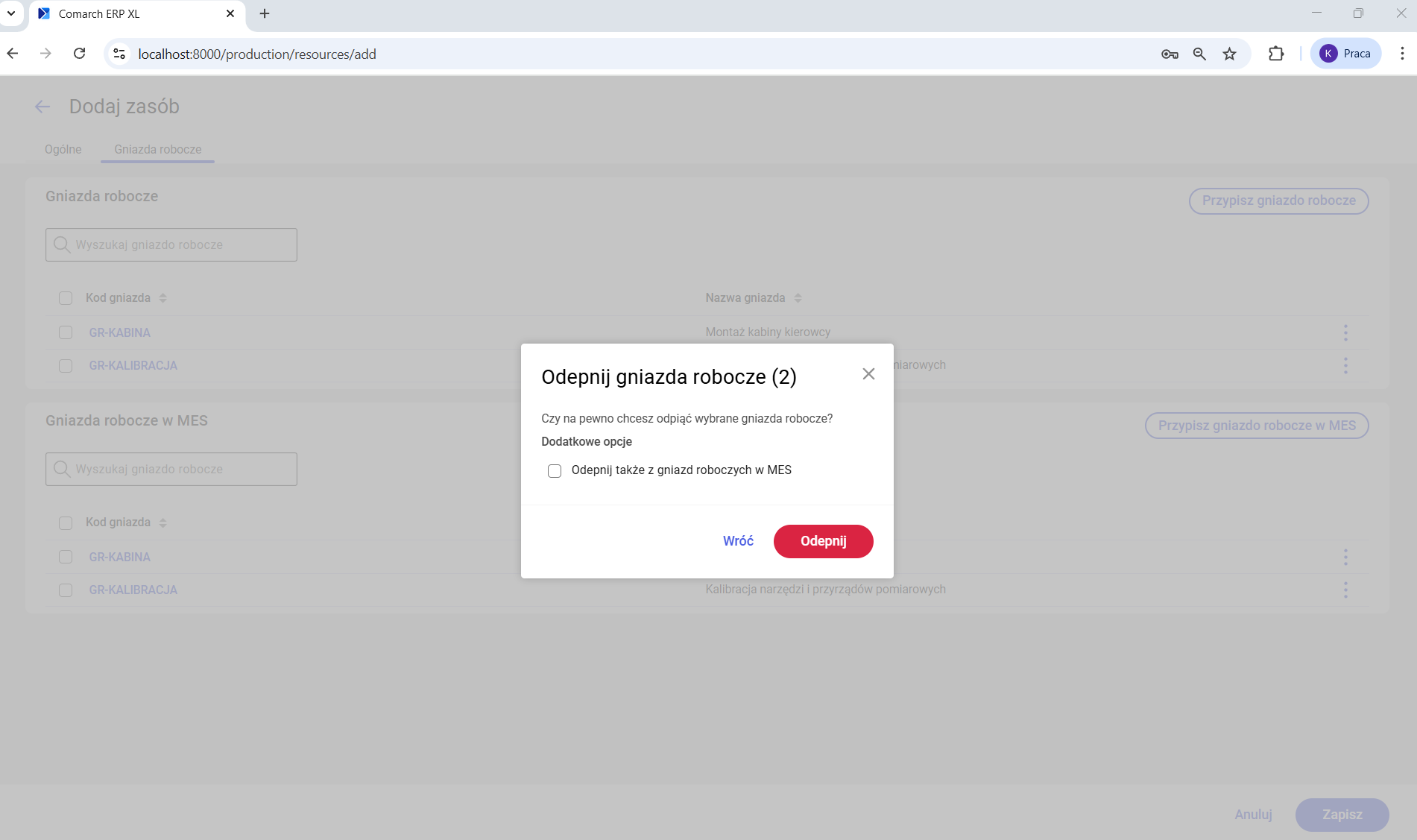 Potwierdzenie odpięcia gniazd roboczych