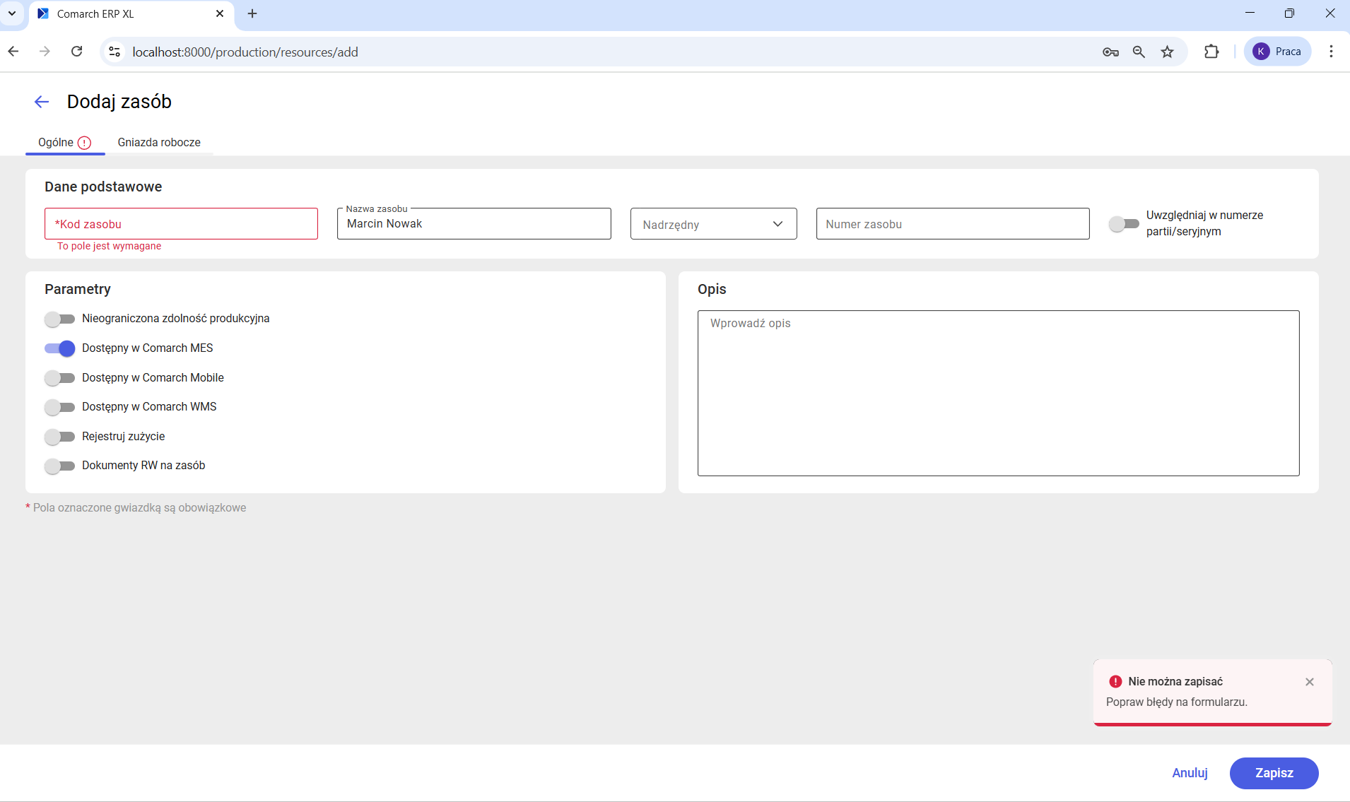 Komunikat uniemożliwiający zapis zasobu