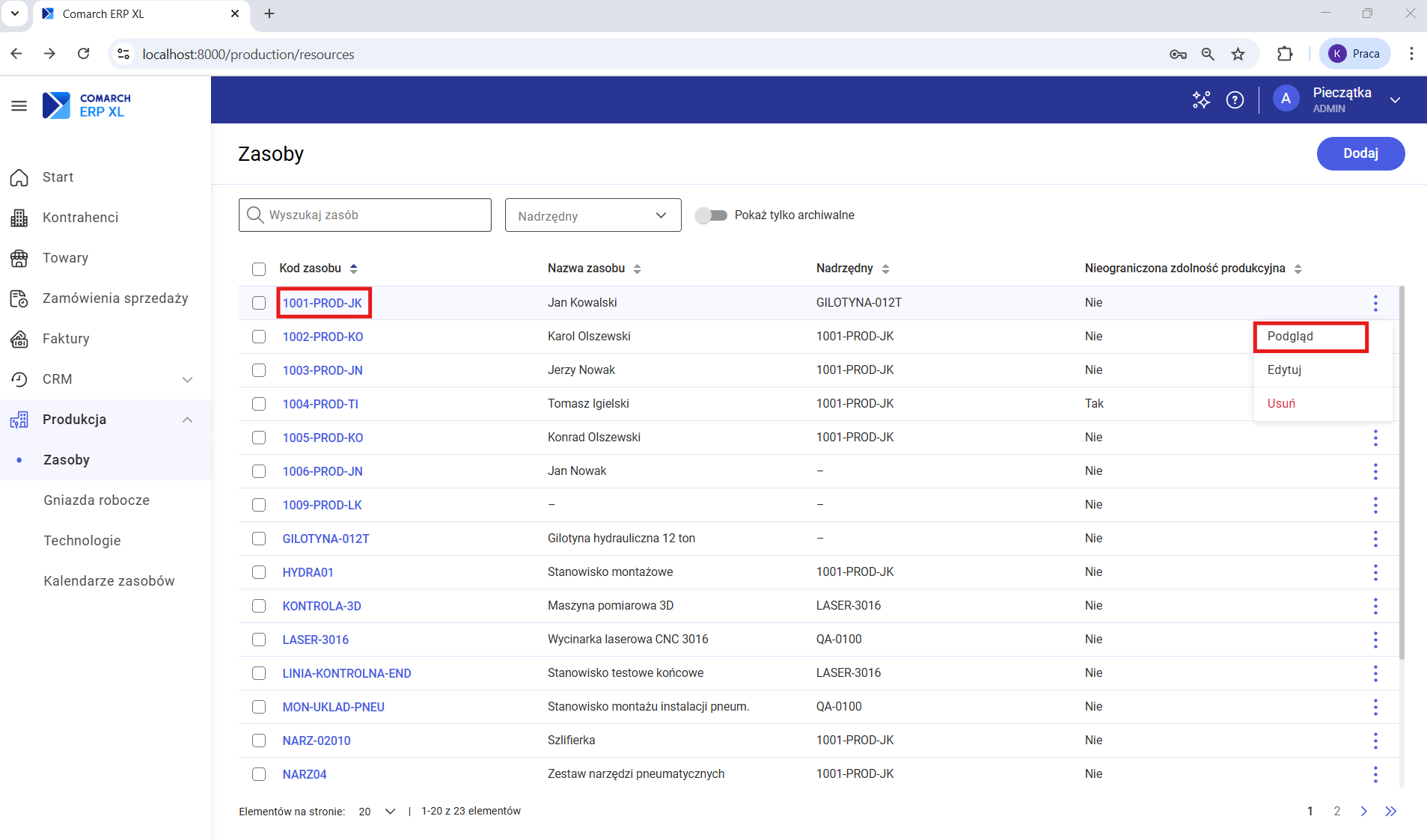 Możliwe opcje podglądu zasobu