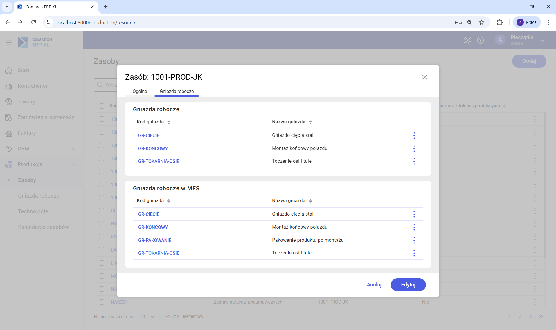 Podgląd zasobu- zakładka Gniazda robocze