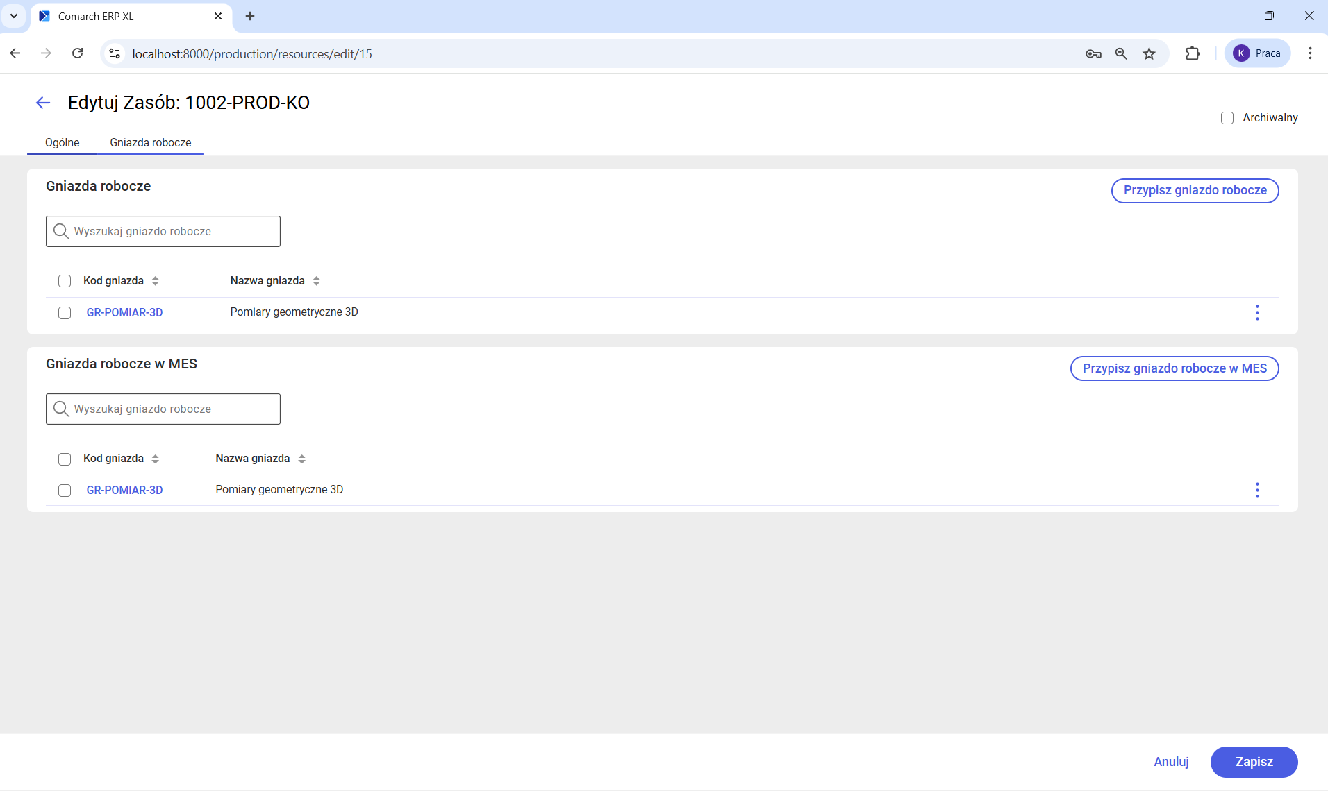 Edycja zasobu- zakładka Gniazda robocze