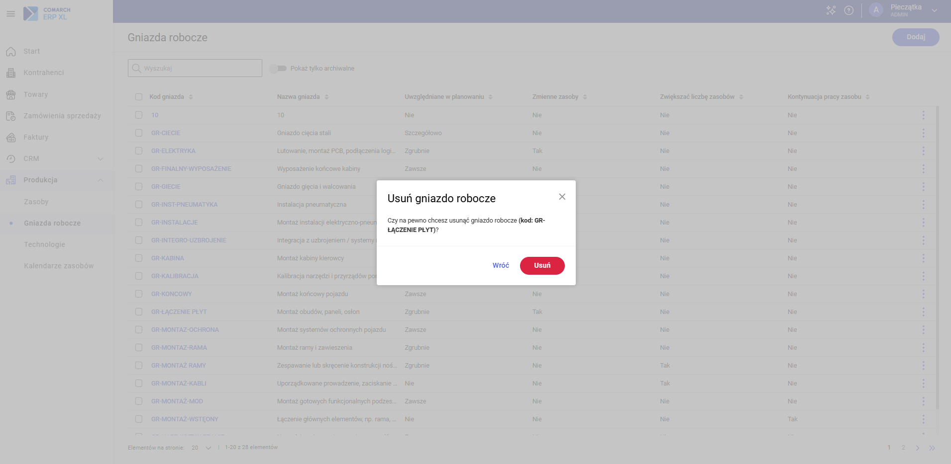 Potwierdzenie usunięcia gniazda