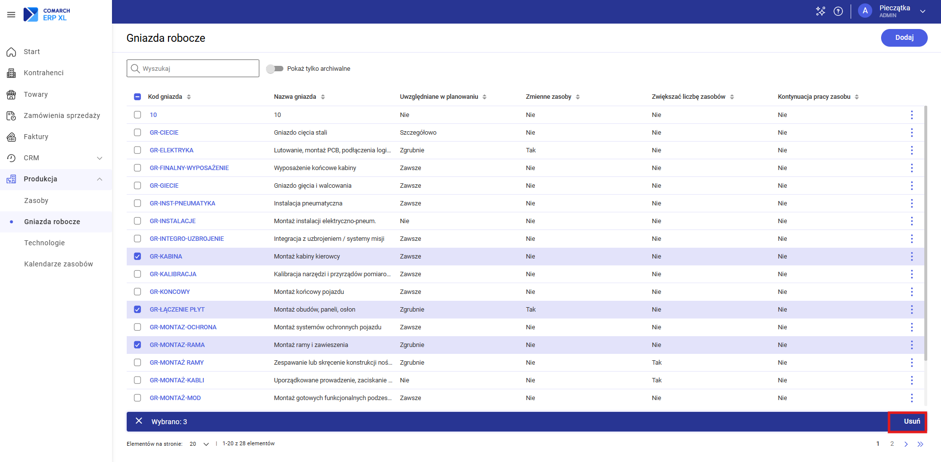 Usuwanie kilku gniazd