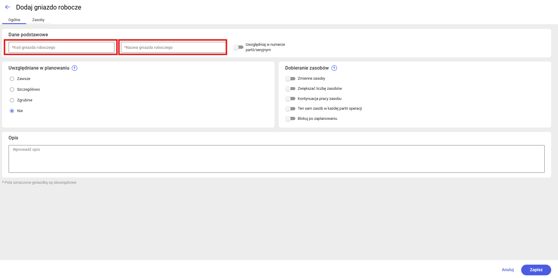 Formularz nowo dodawanego gniazda