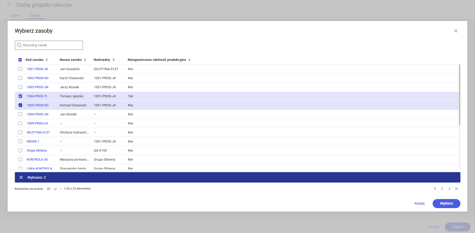 Okno wybierania gniazd roboczych