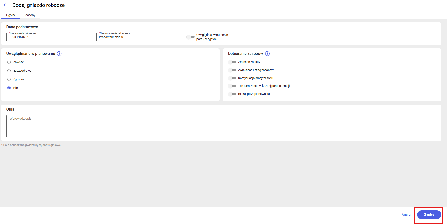 Zapisywanie gniazda roboczego