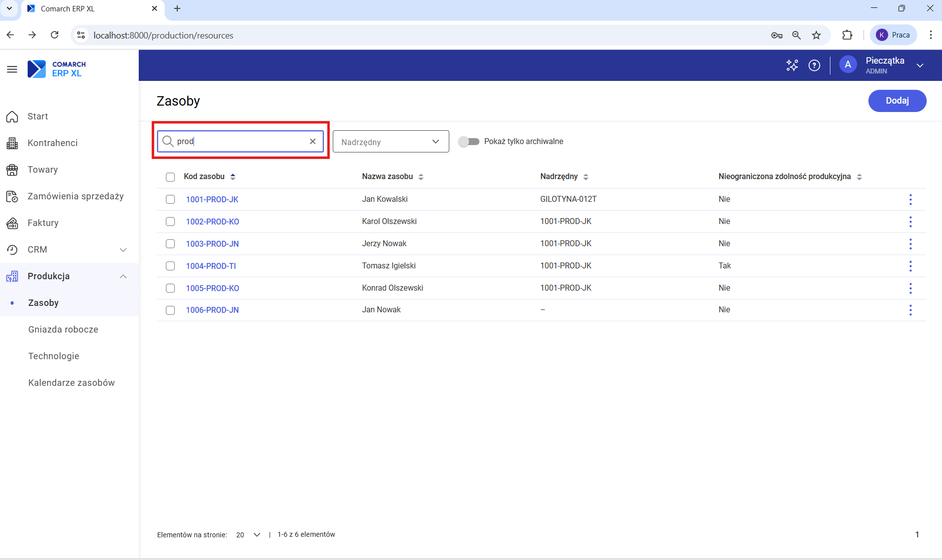 Wyszukiwarka na liście zasobów