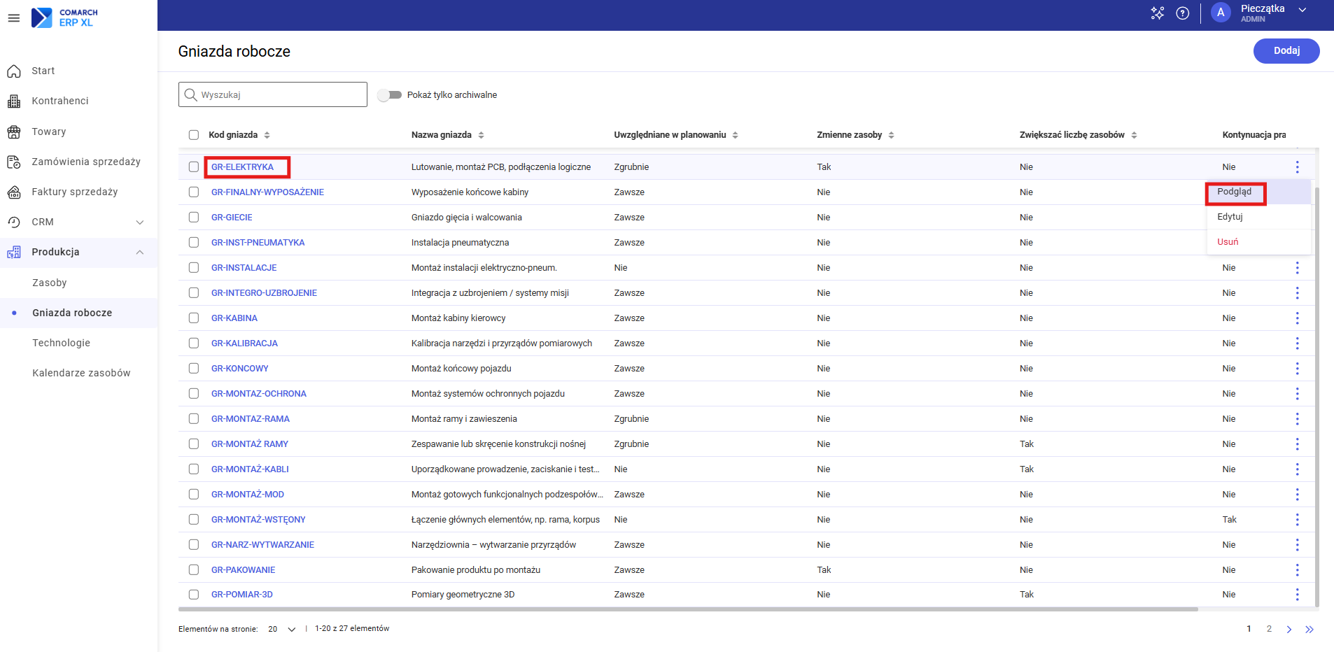 Możliwe opcje podglądu gniazda