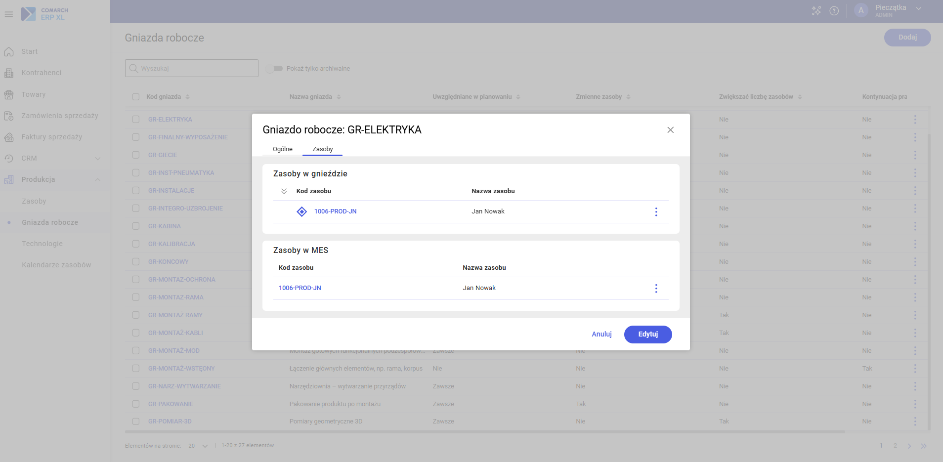 Podgląd zasobu - zakładka Gniazda robocze