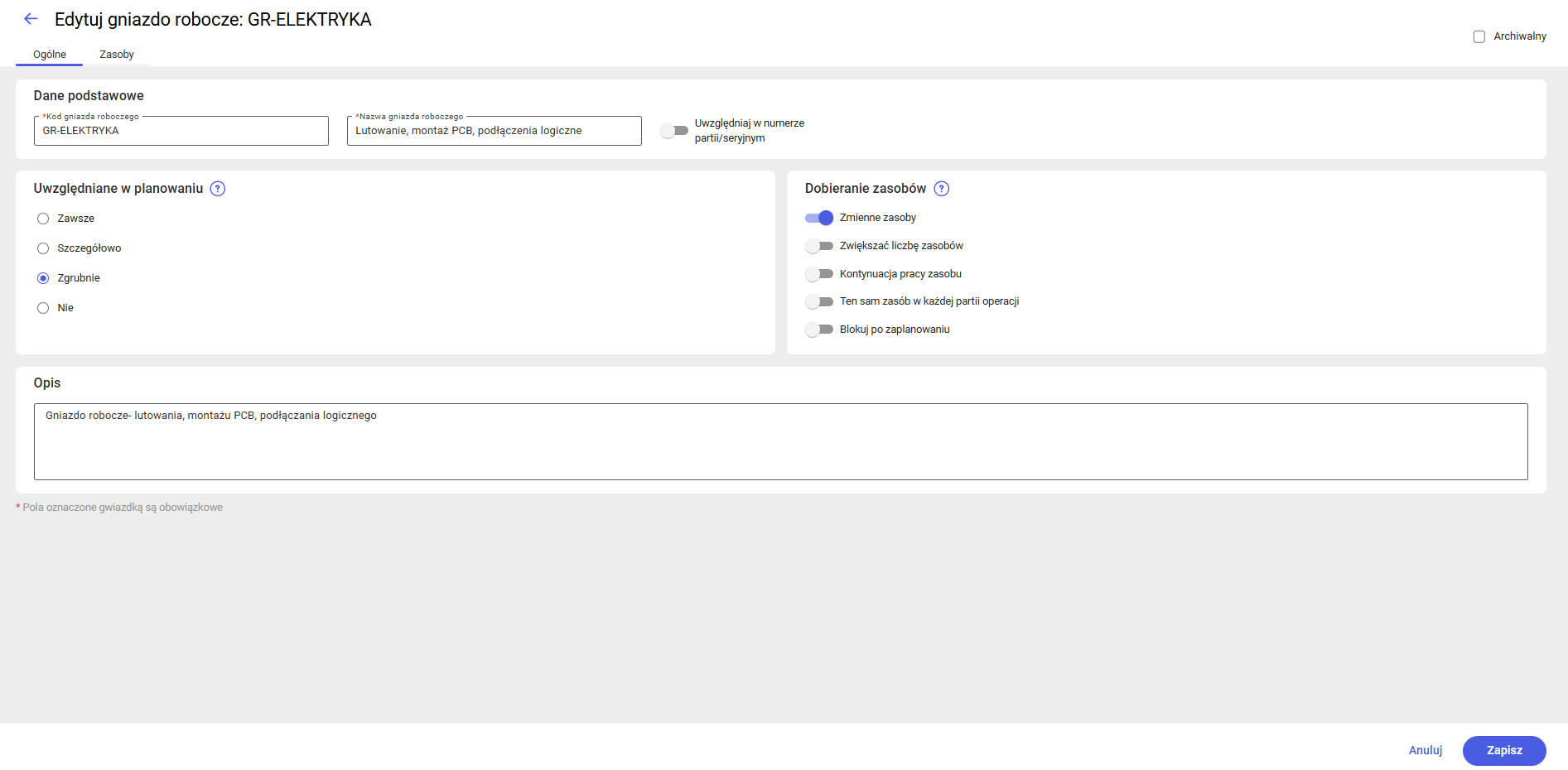 Edycja gniazda - zakładka Ogólne