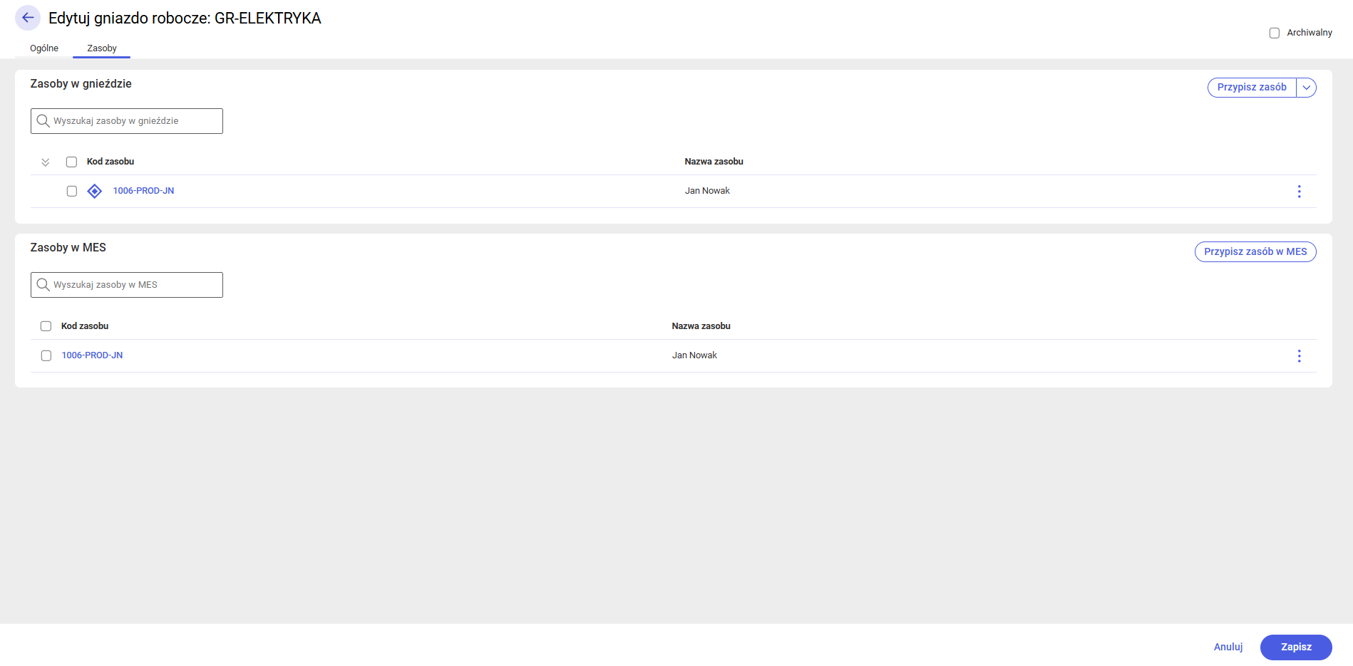 Edycja gniazda - zakładka Zasoby