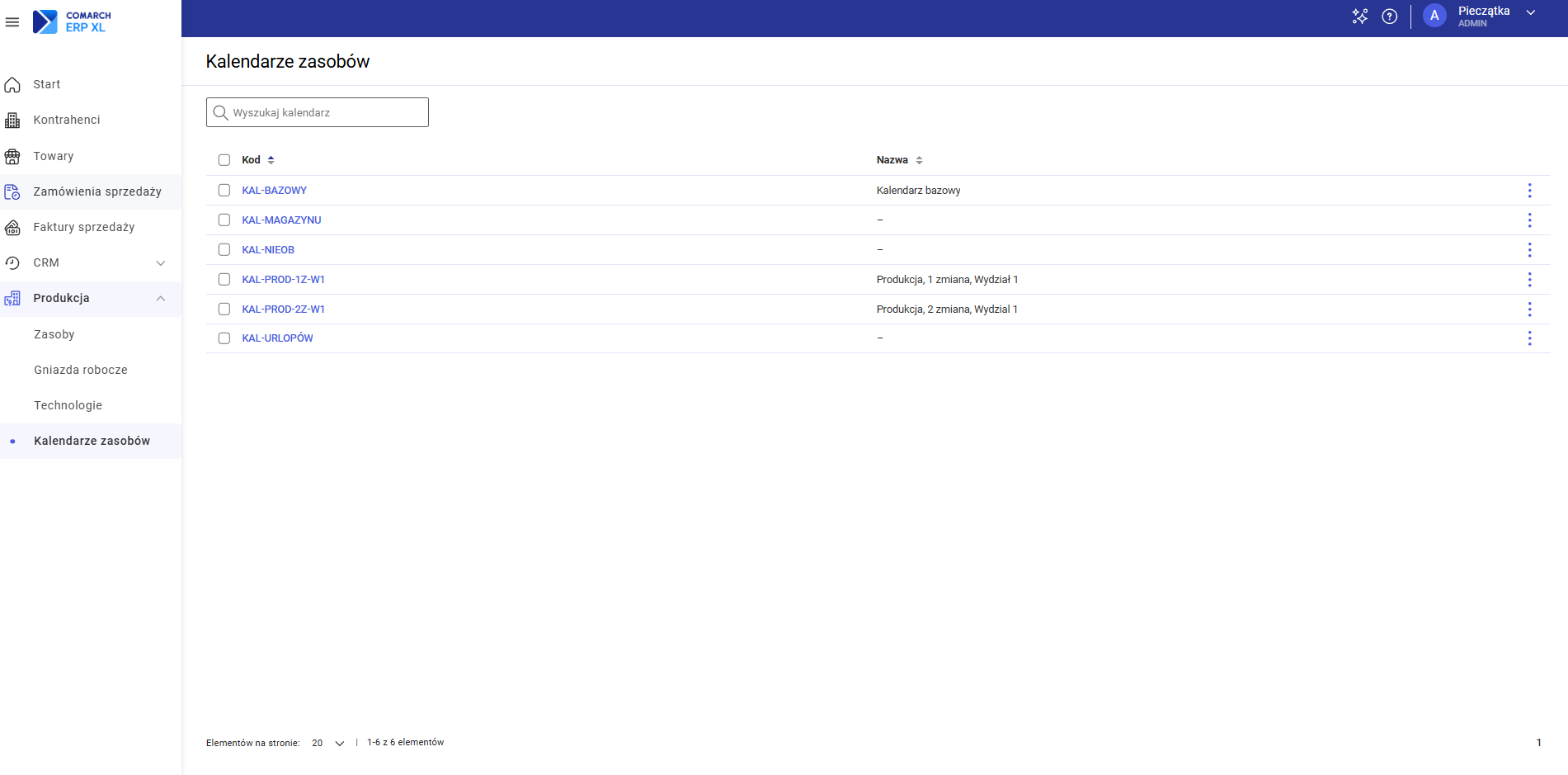 Lista kalendarzy zasobów Lista kalendarzy zasobów