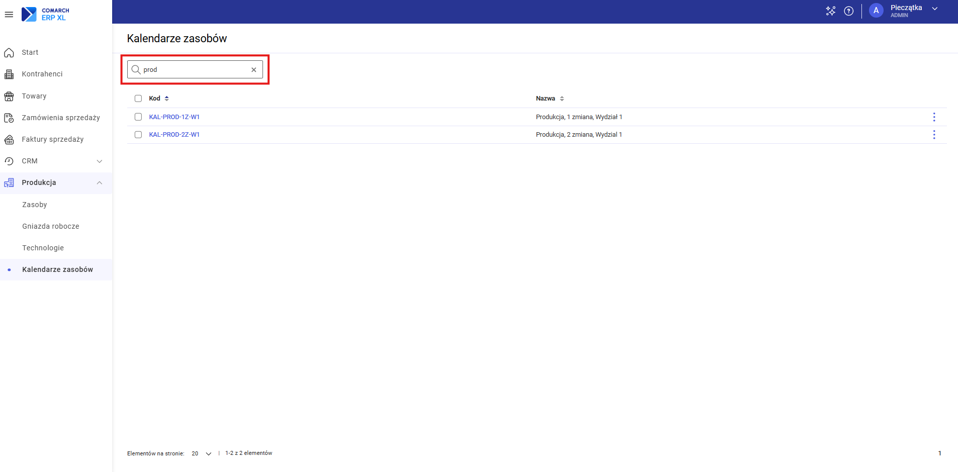 Wyszukiwarka na liście kalendarzy