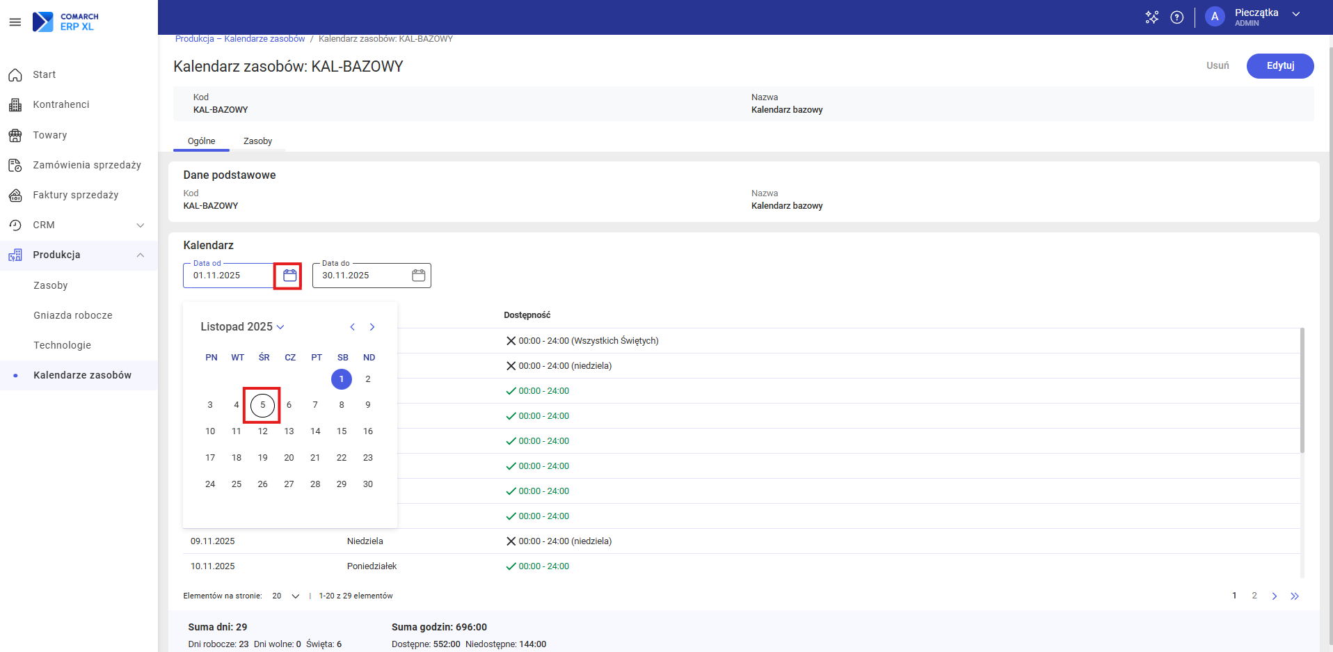 Podgląd kalendarza zasobów