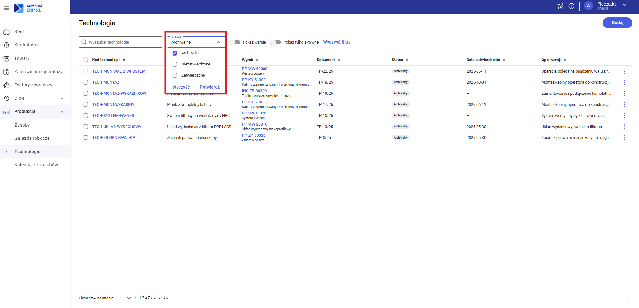 Filtry na liście technologii