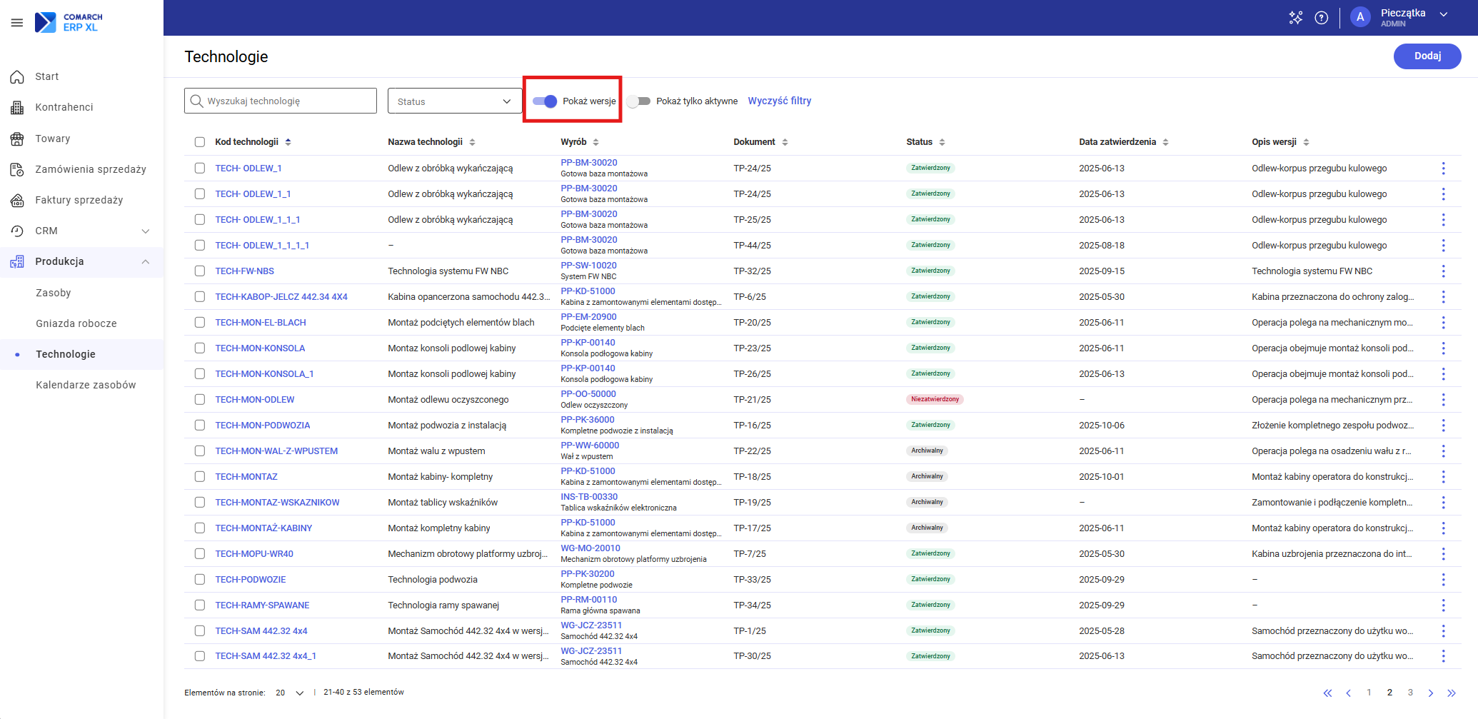 Filtry na liście technologii