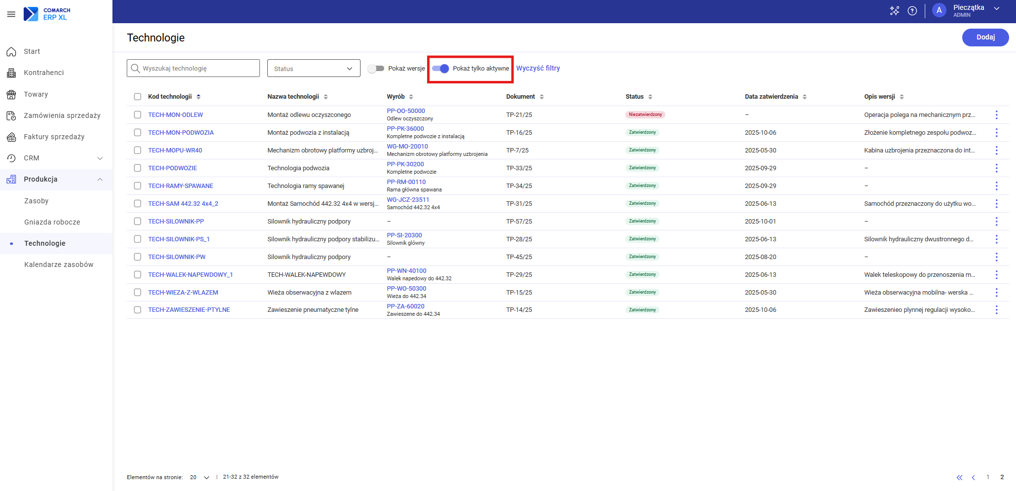 Filtry na liście technologii