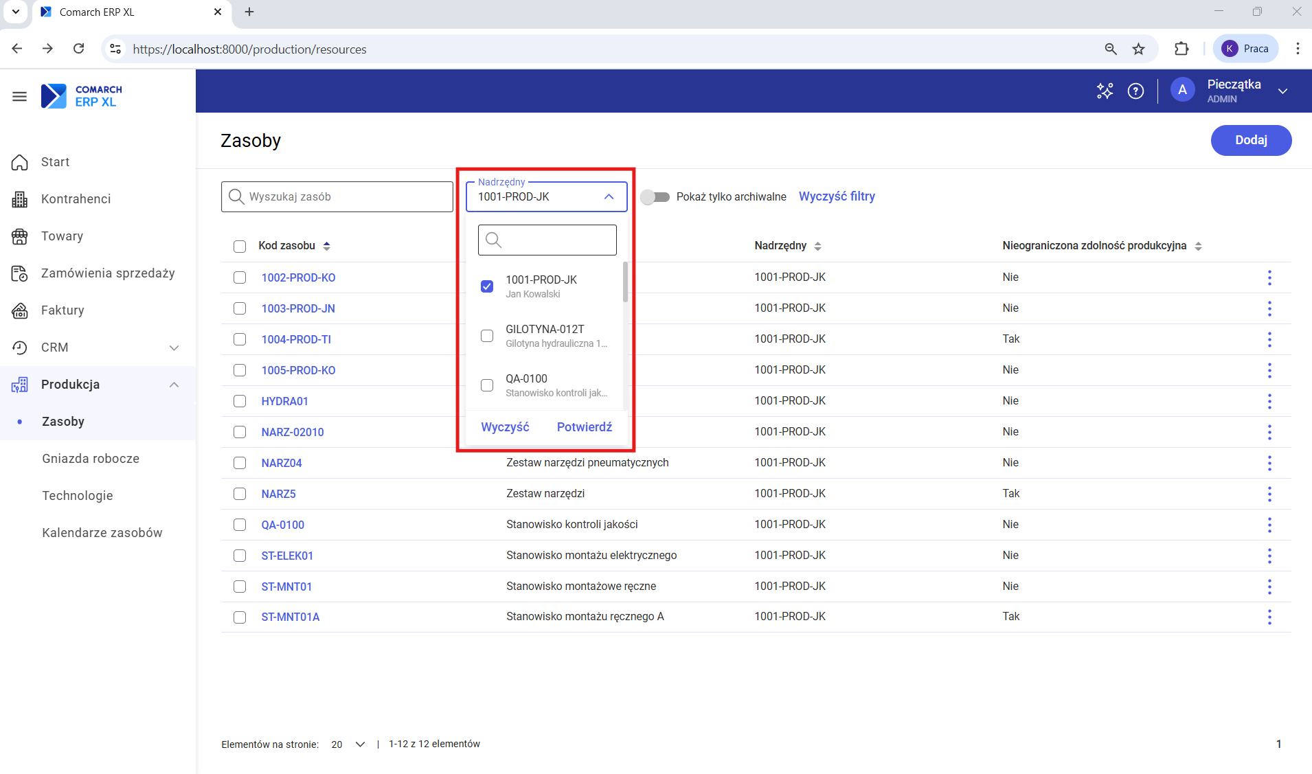 Filtry na liście zasobów