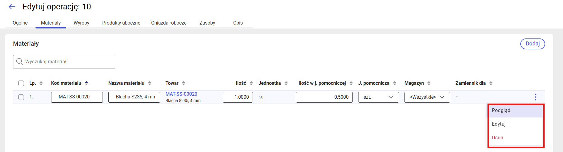 Dostępne opcje na zakładce Materiał