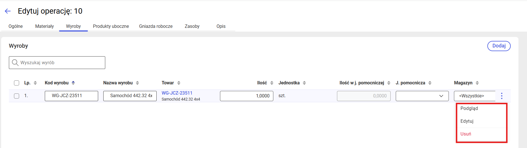 Dostępne opcje na zakładce Wyroby