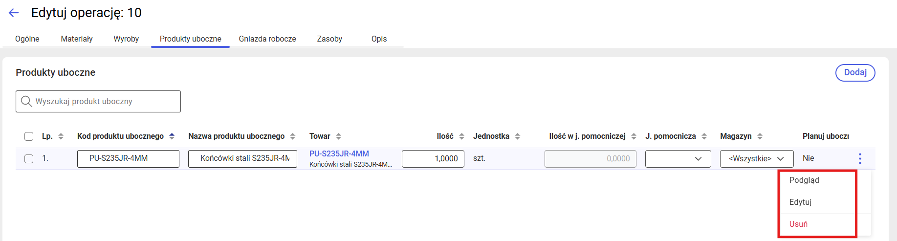 Dostępne opcje na zakładce Produkty uboczne