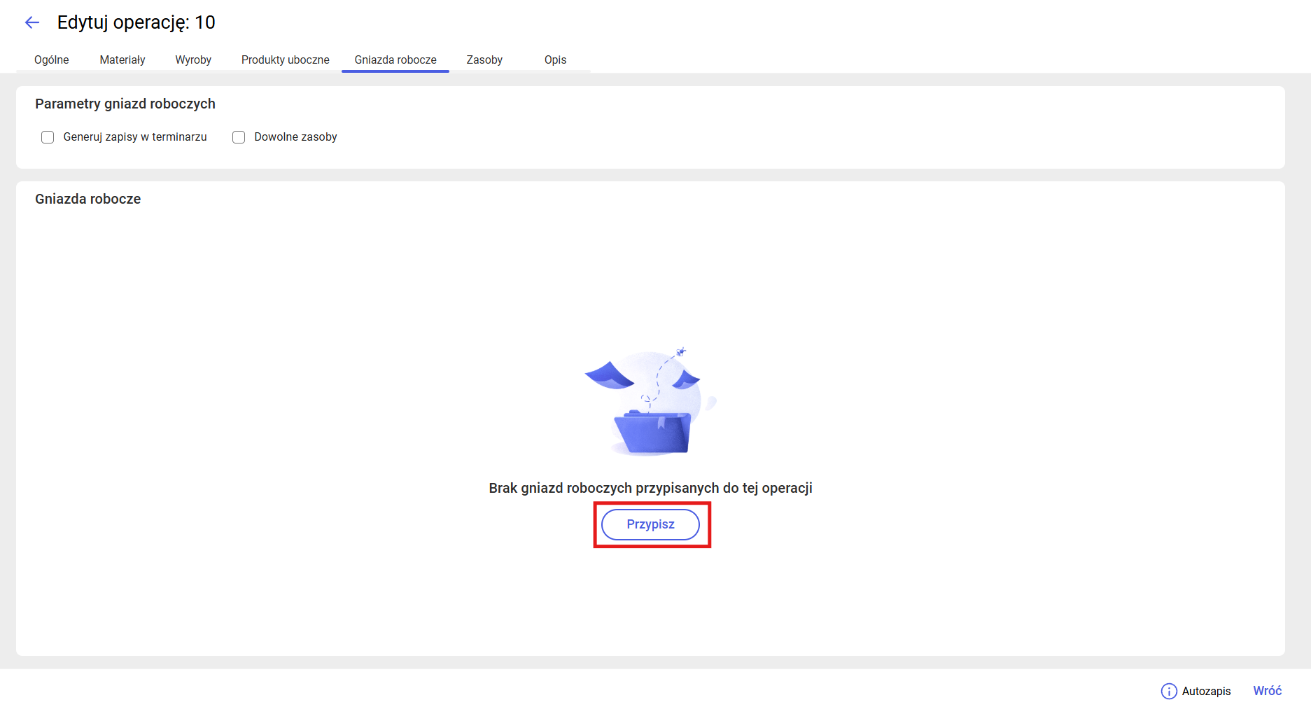 Zakładka Gniazda robocze