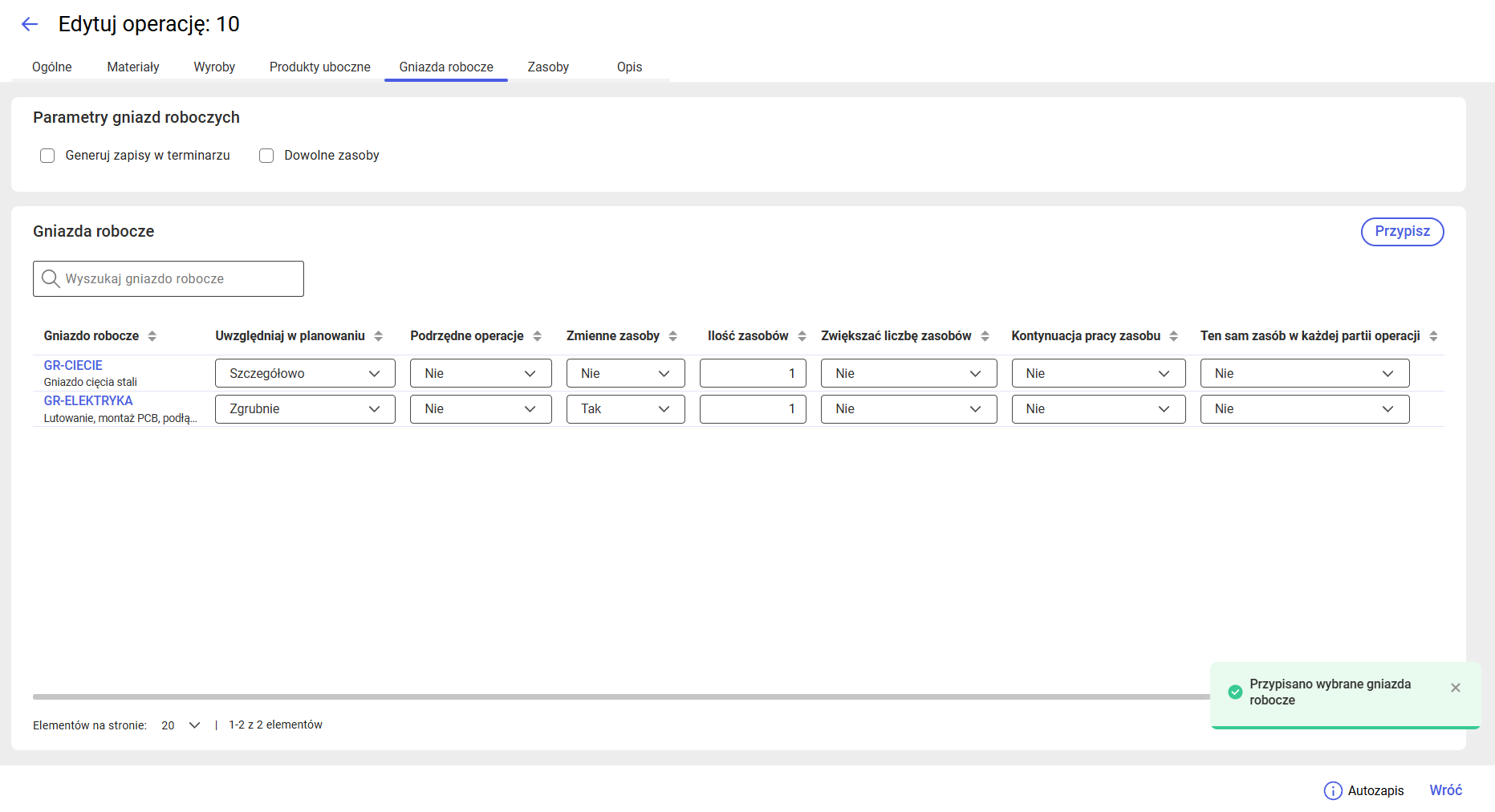 Dodanie gniazda roboczego do listy