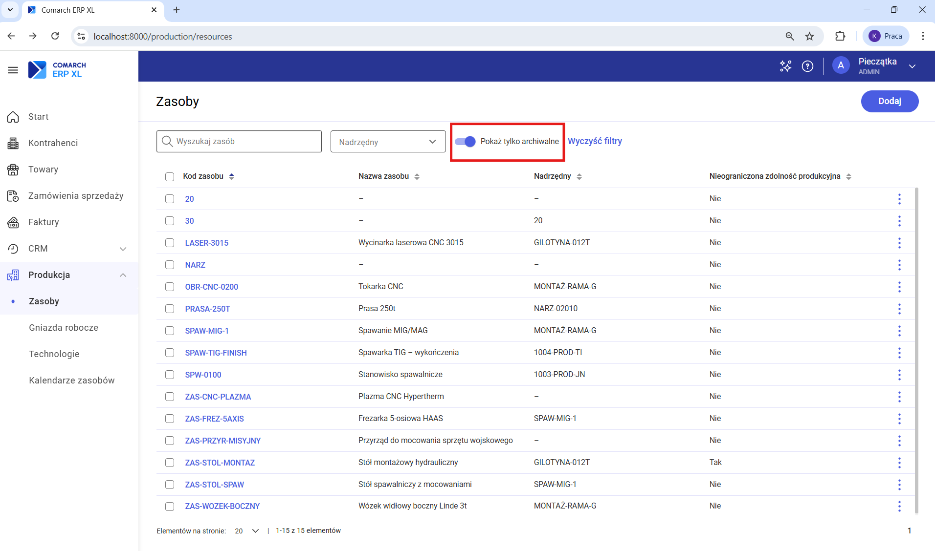 Filtry na liście zasobów