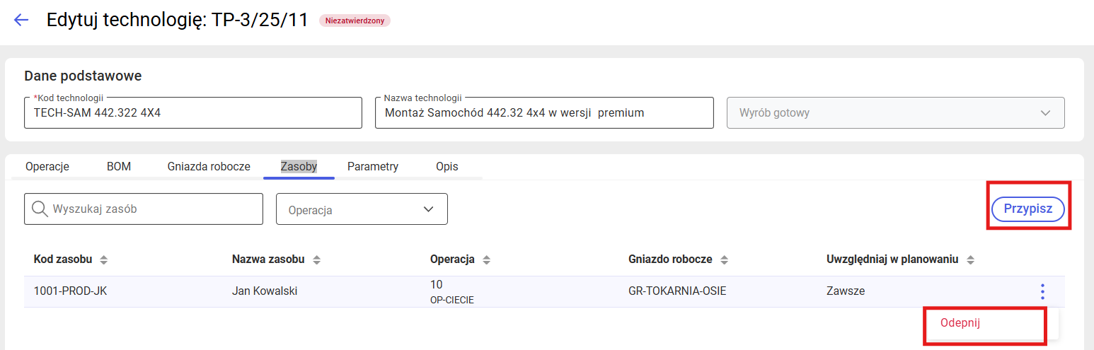 Dostępne opcje na zakładce Zasoby
