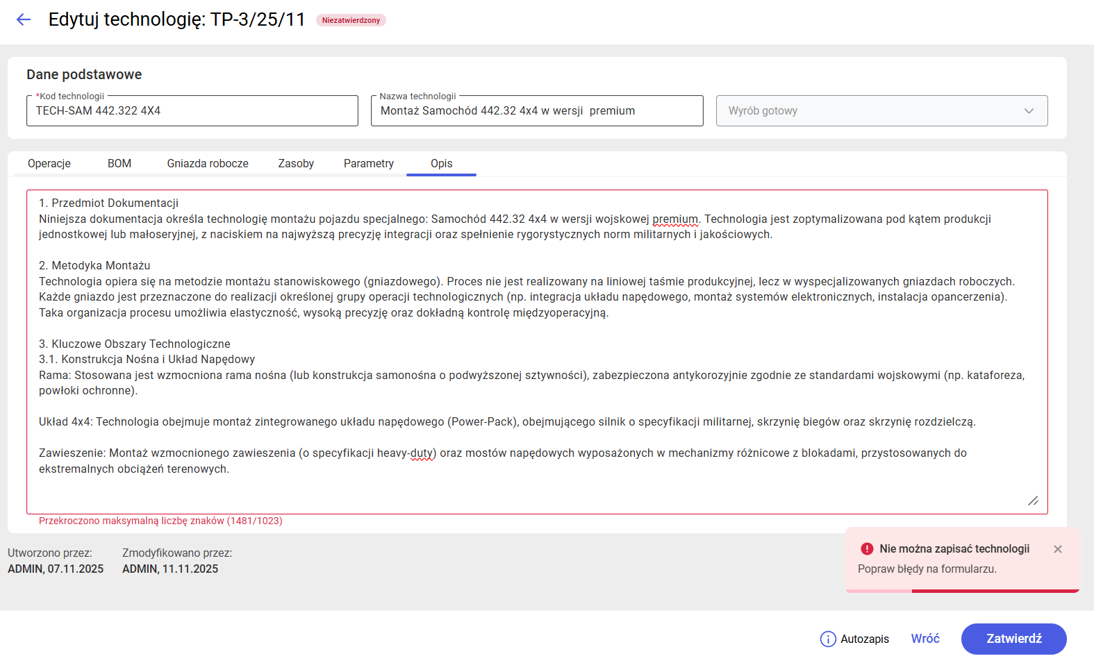 Walidacja na zakładce Opis