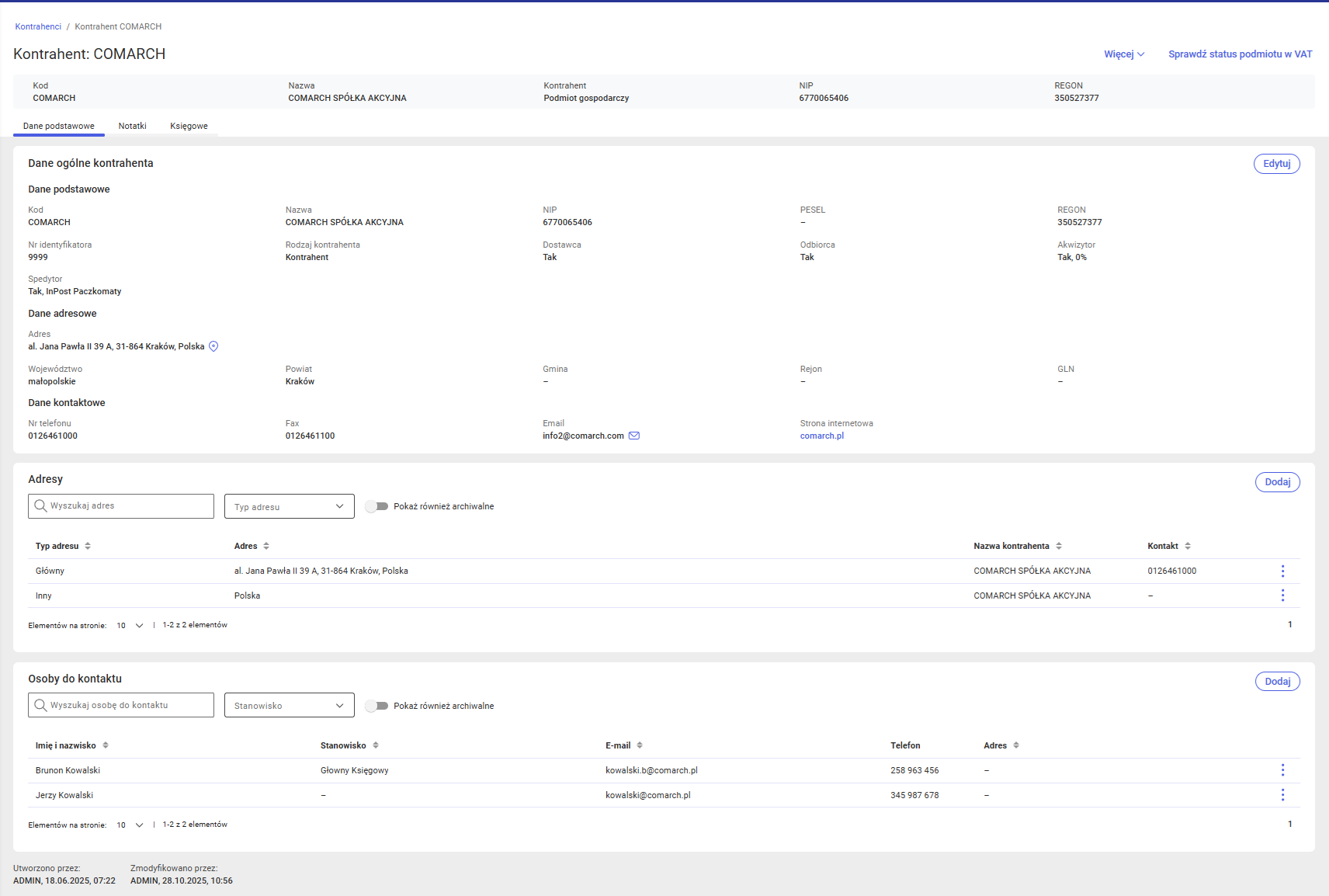 Karta kontrahenta w trybie podglądu