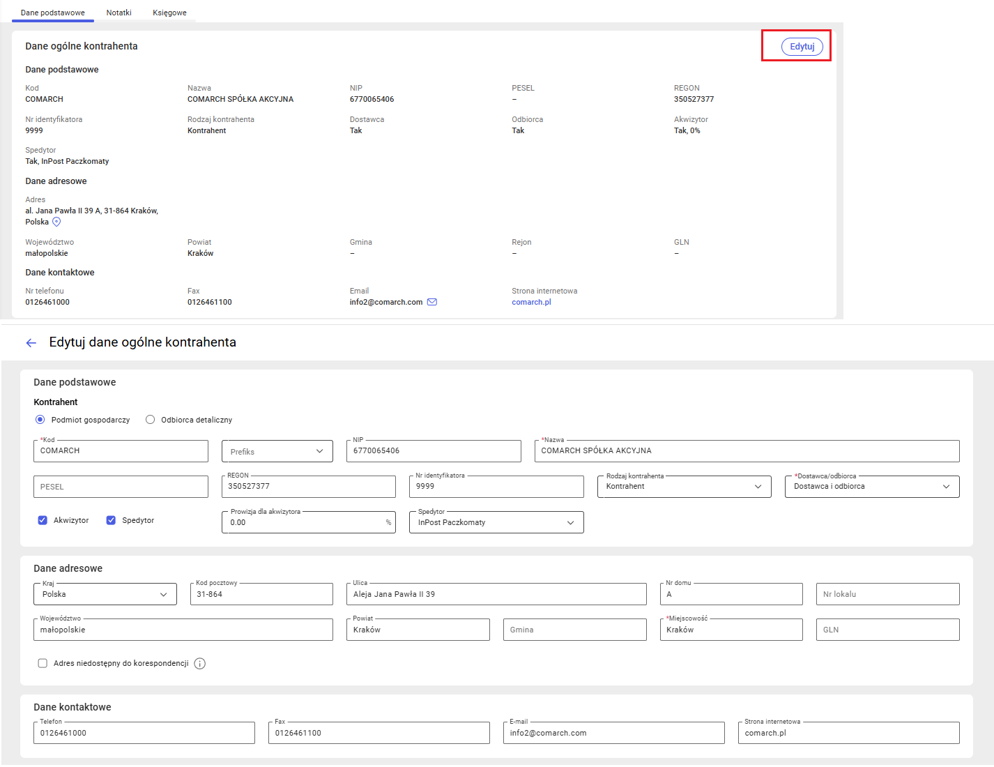 Edycja danych podstawowych kontrahenta