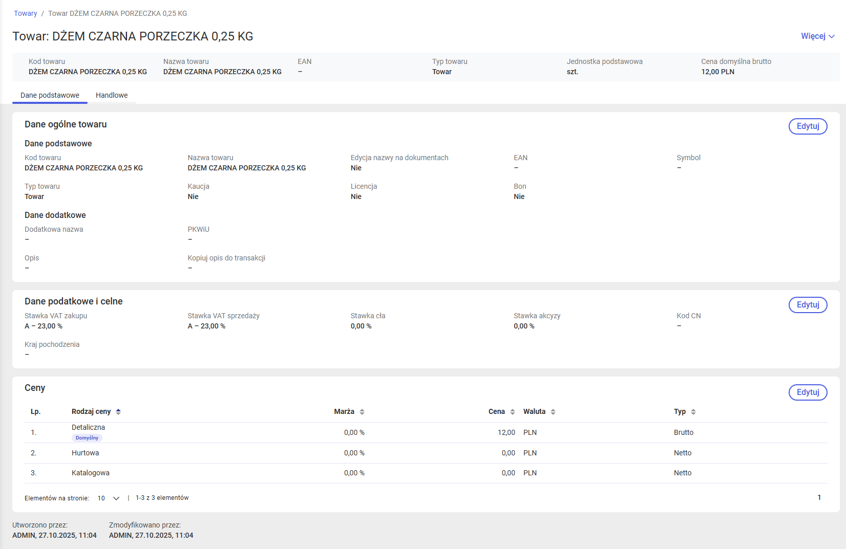 Podgląd towaru – dane podstawowe