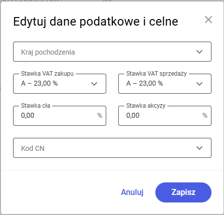 Edycja danych podatkowych i celnych