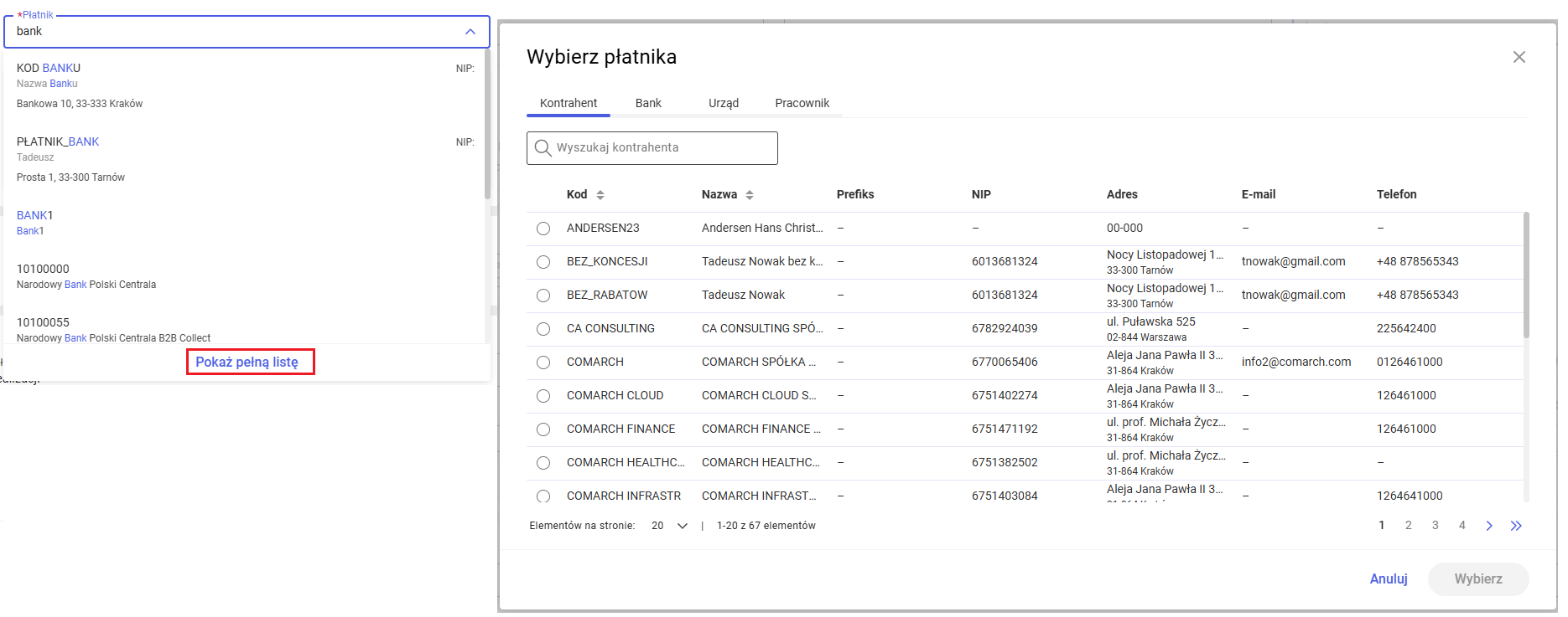 Wybór płatnika na zmówieniu