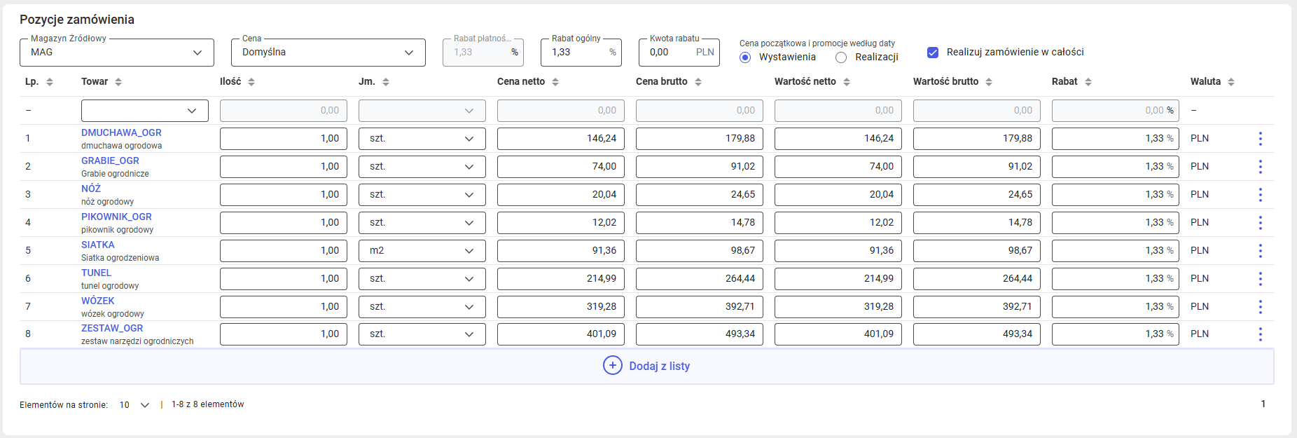 W pełni edytowalna lista pozycji zamówienia