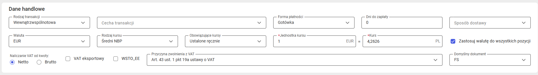 Sekcja Dane handlowe w wersji 2025.1