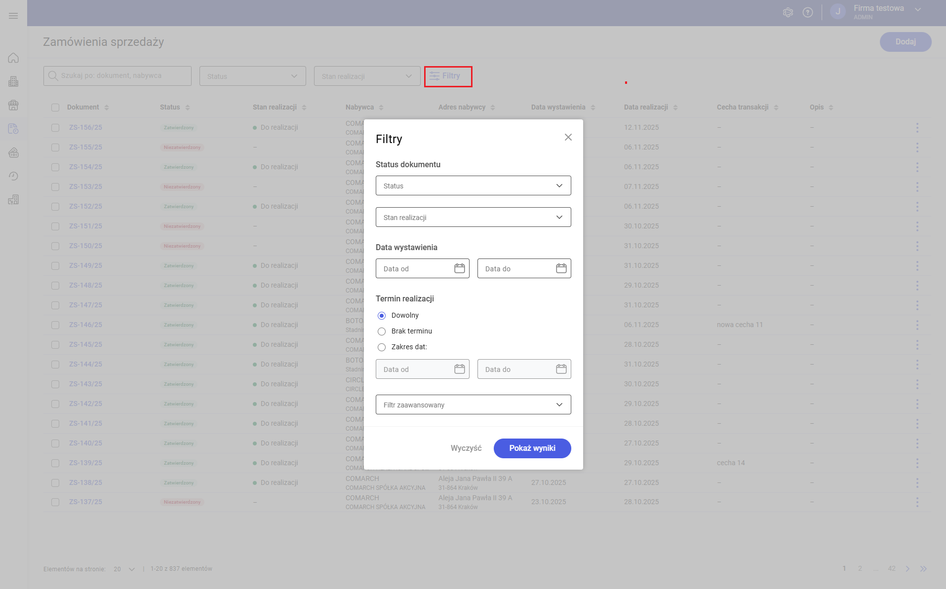 Panel do zarządzania filtrami na liście zamówień