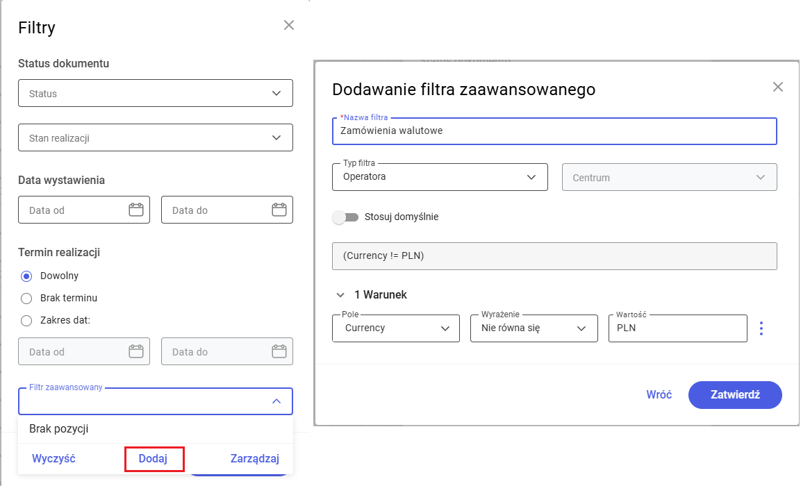 Definiowanie filtra użytkownika