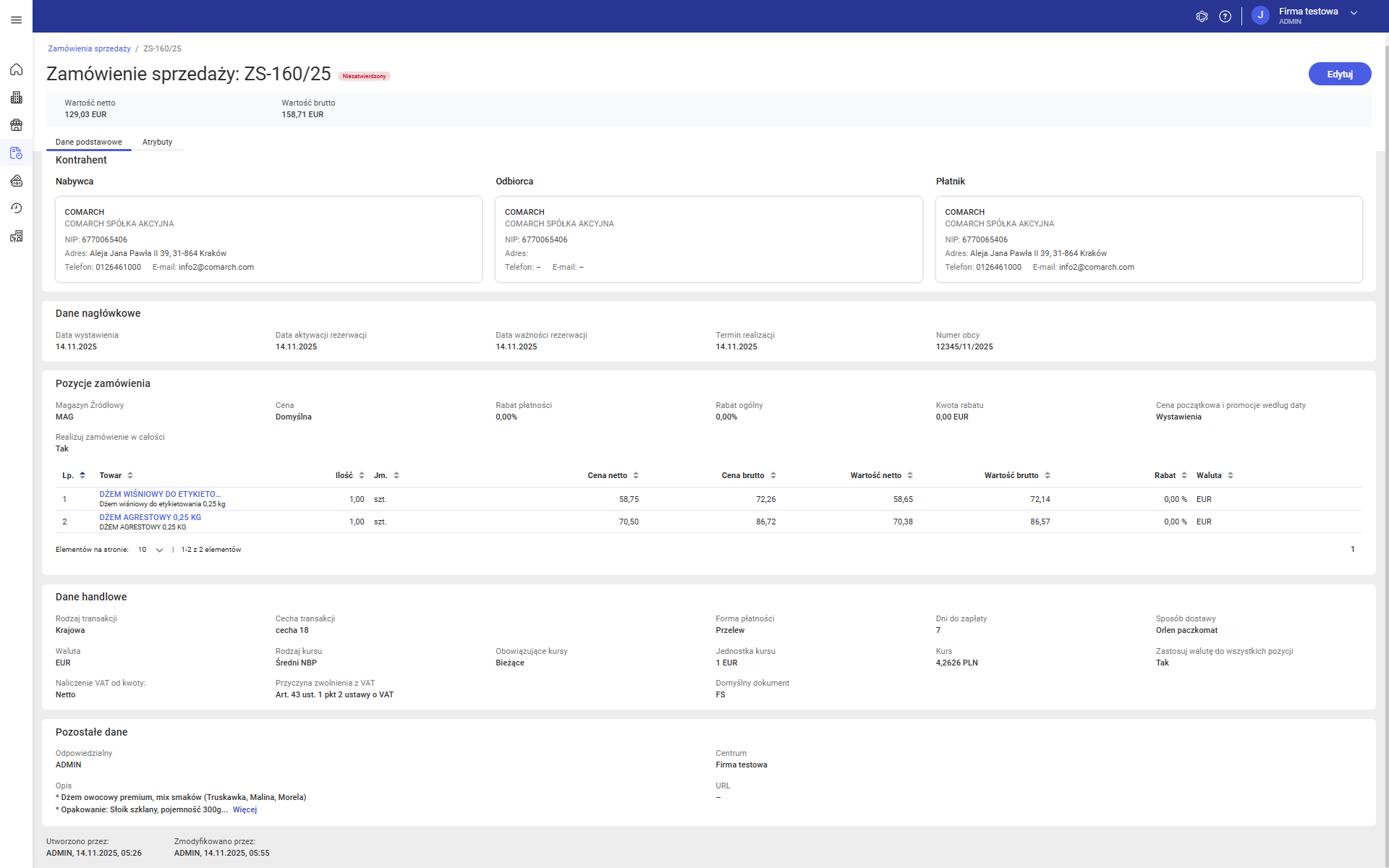 Zamówienie sprzedaży w trybie podglądu