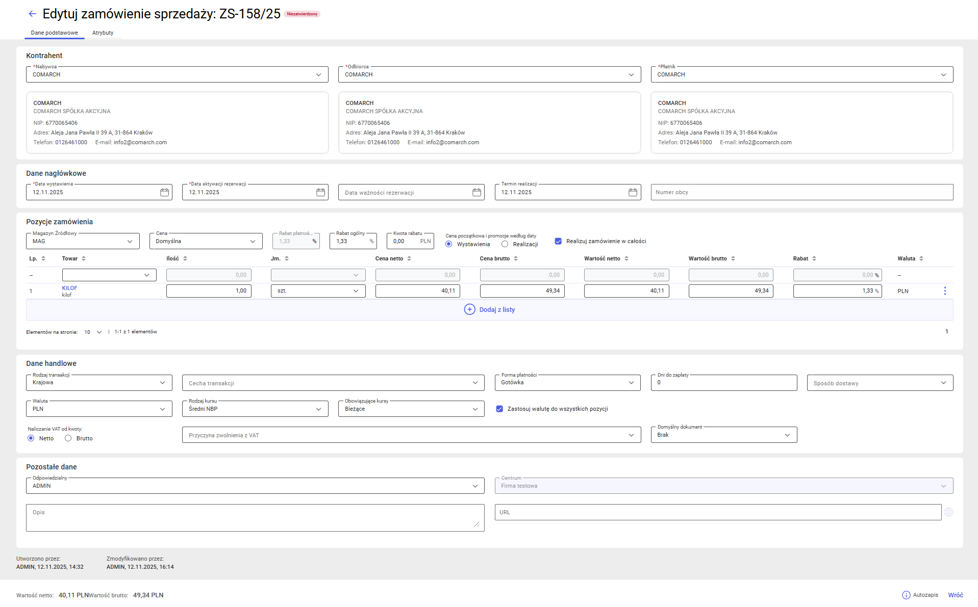 Zamówienie sprzedaży w trybie edycji