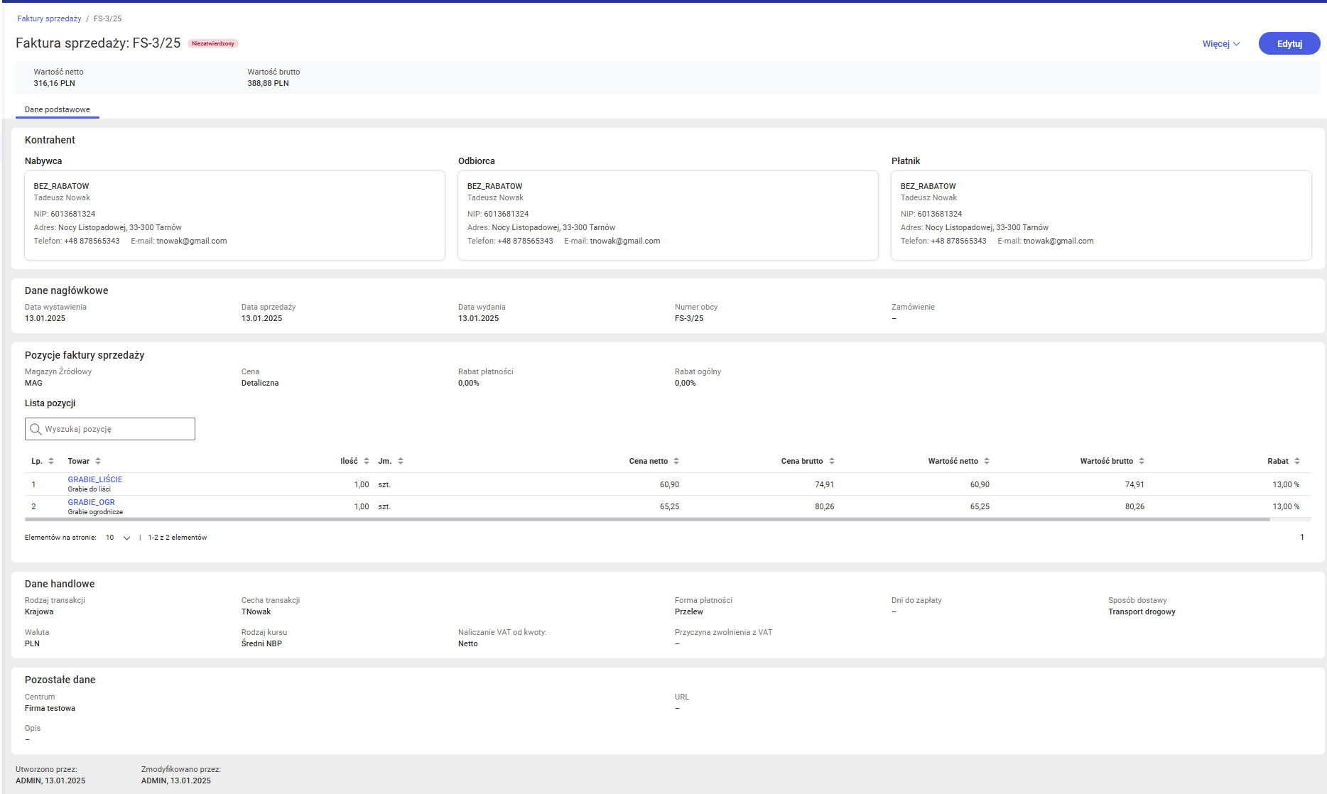 Faktura sprzedaży w trybie podglądu