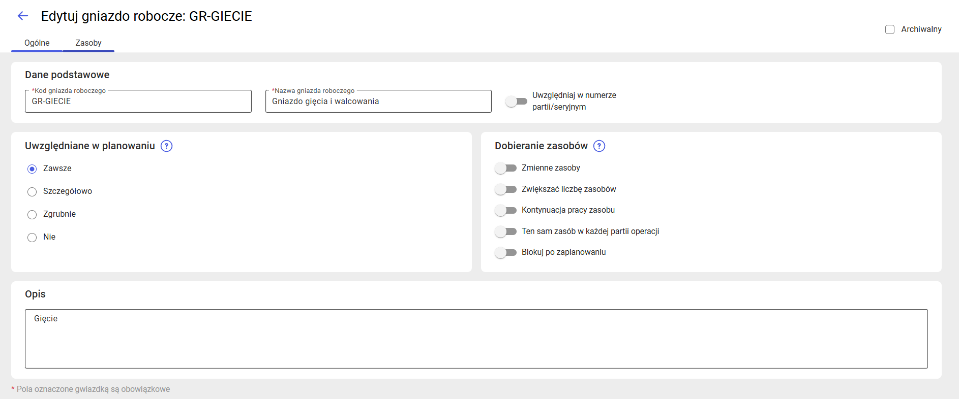 Tryb edycji gniazda roboczego