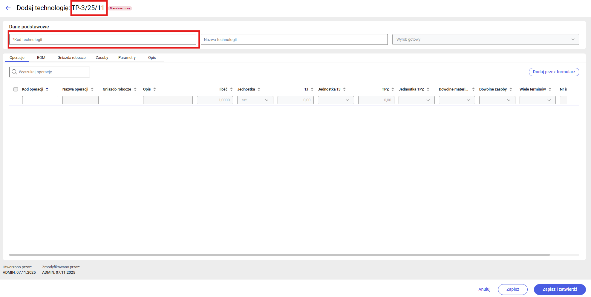 Formularz dodawania technologii