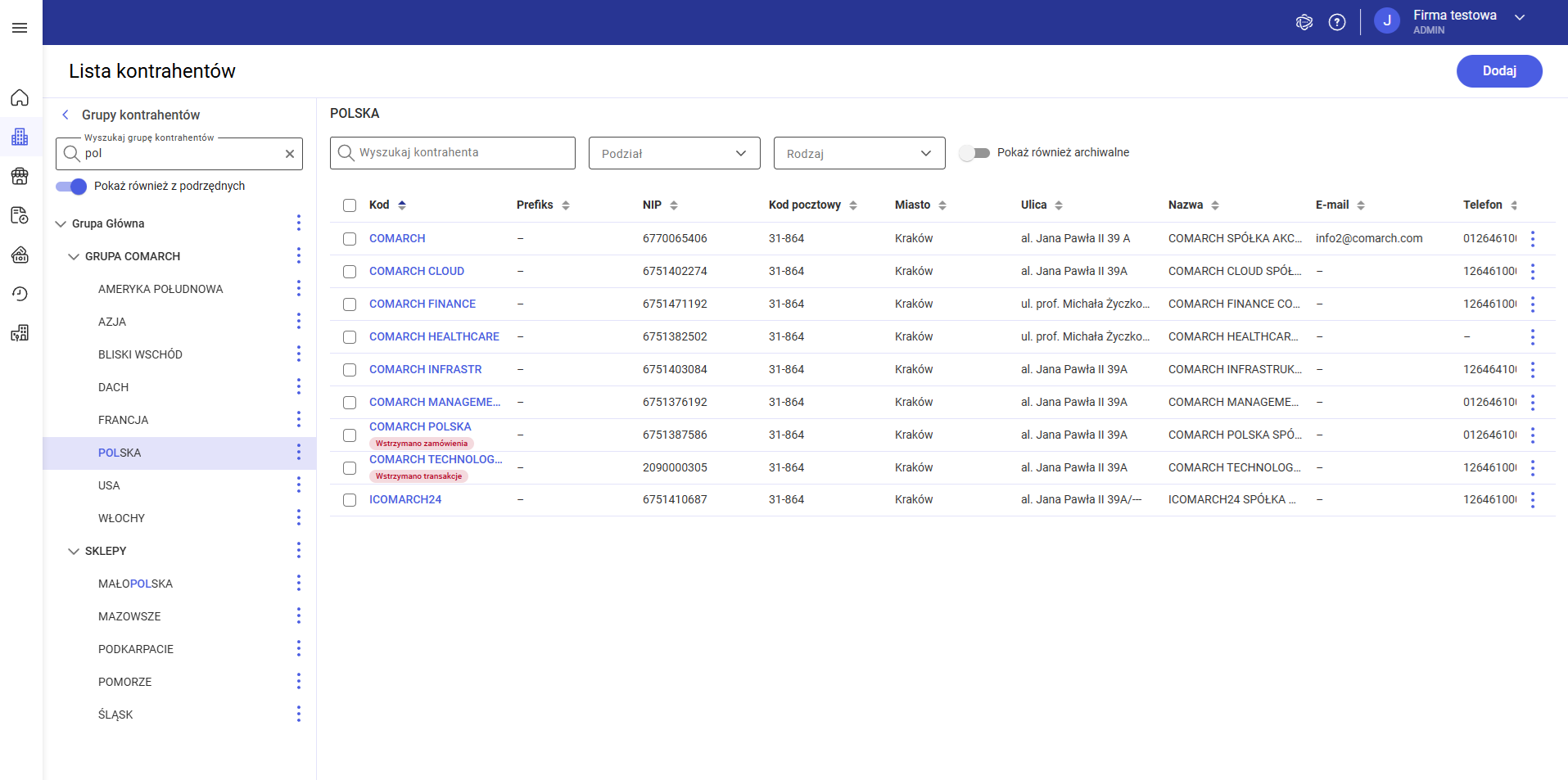 Grupy kontrahentów na liście kontrahentów