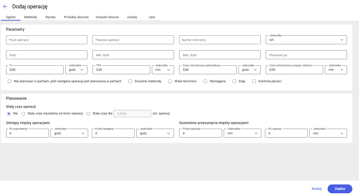 Formularz dodawania operacji