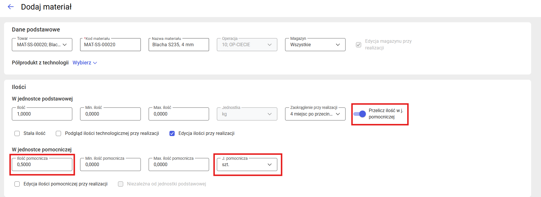 Przeliczanie ilości w jednostce pomocniczej