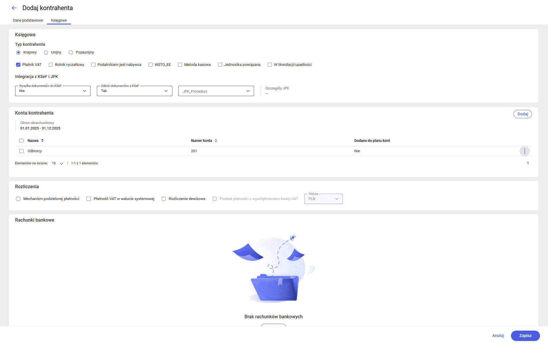 Dodawanie kontrahenta – parametry księgowe